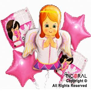 SET DE GLOBOS METALIZADO COMUNION ANGEL ROSA 5 UNIDADES